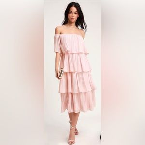 Lulus Gala Ready Blush Pink Off-the-Shoulder Ruffle MIDI Dress